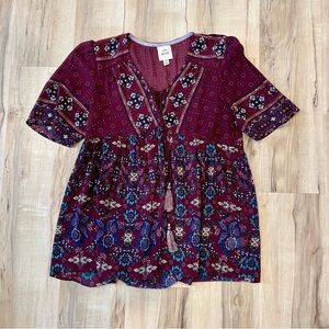 Knox Rose Burgundy and Blue Boho Blouse - Size Small